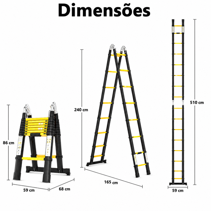 Dimensões da escada telescópica ESCALIX PRO: 5,10 m reta, 2,40 m em A, 86 cm fechada