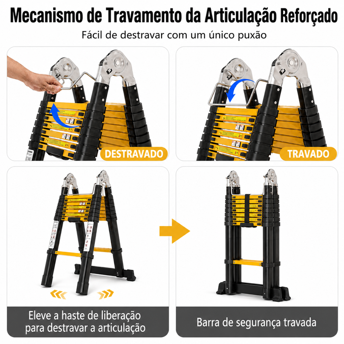 Mecanismo reforçado de travamento da articulação central da escada ESCALIX PRO